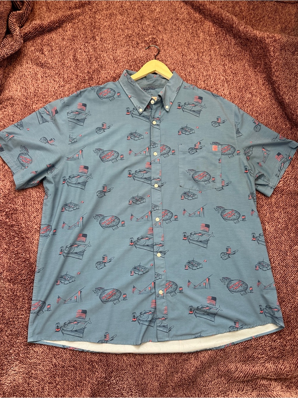 Huk Short-Sleeve Button-Down Shirt in Blue with Red American Accent Print - Picture 7 of 11
